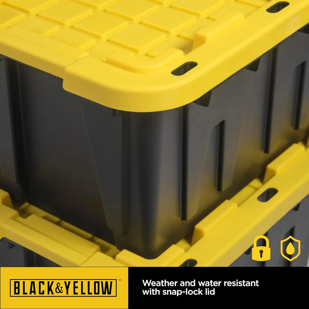 BLACK & YELLOW 27-Gallon Heavy Duty Tough Storage Container & Snap-Tight Lid (14.3"H x 20.6"W x 30.6"D) Weather-Resistant Design and Stackable Organization Tote [4 Pack] – Stackable Organization for Simple Storage and Daily Tasks