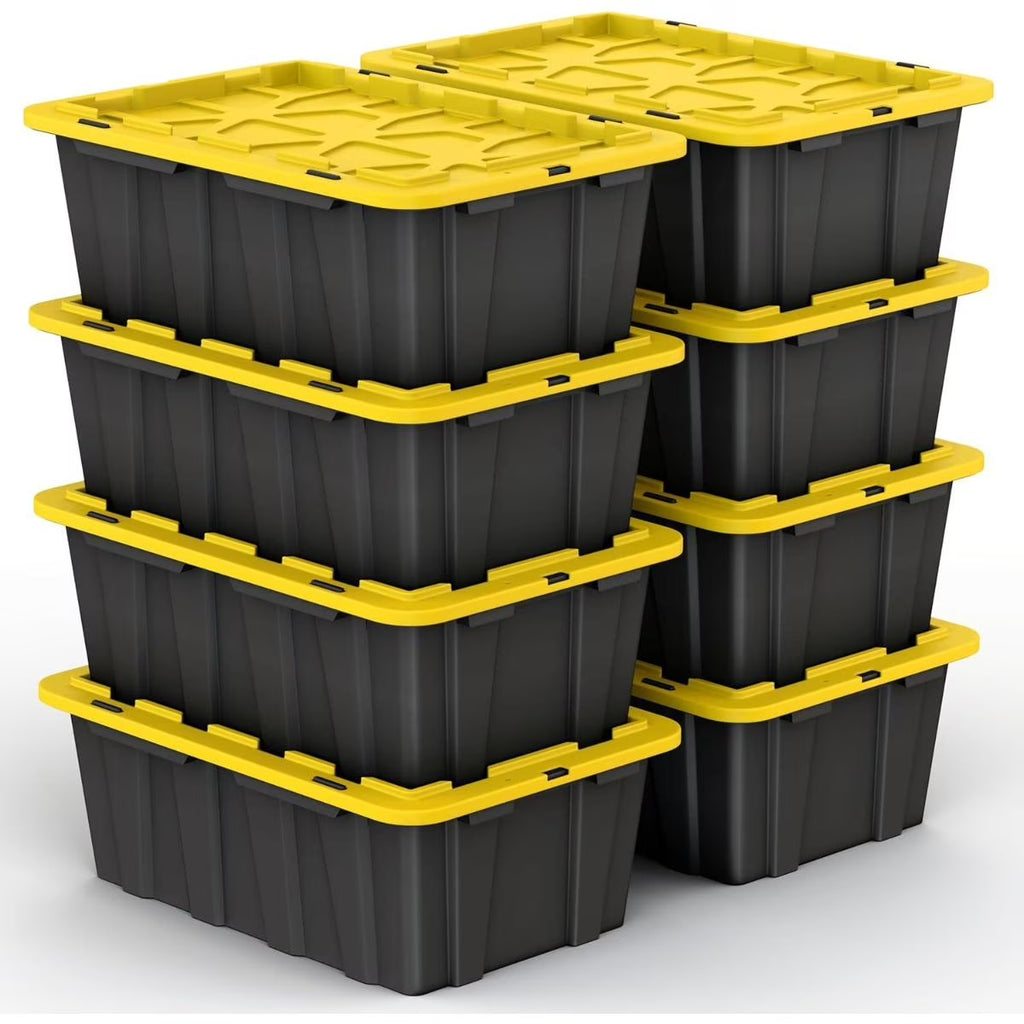 8 PACK of Medium 12 Gallon Plastic Storage Bin Tote Organizing Container with Ultra Durable Secure Latching Lids Stackable Extra Strength Clear with Built in Handle - Black and Yellow – Stackable Organization for Simple Storage and Daily Tasks
