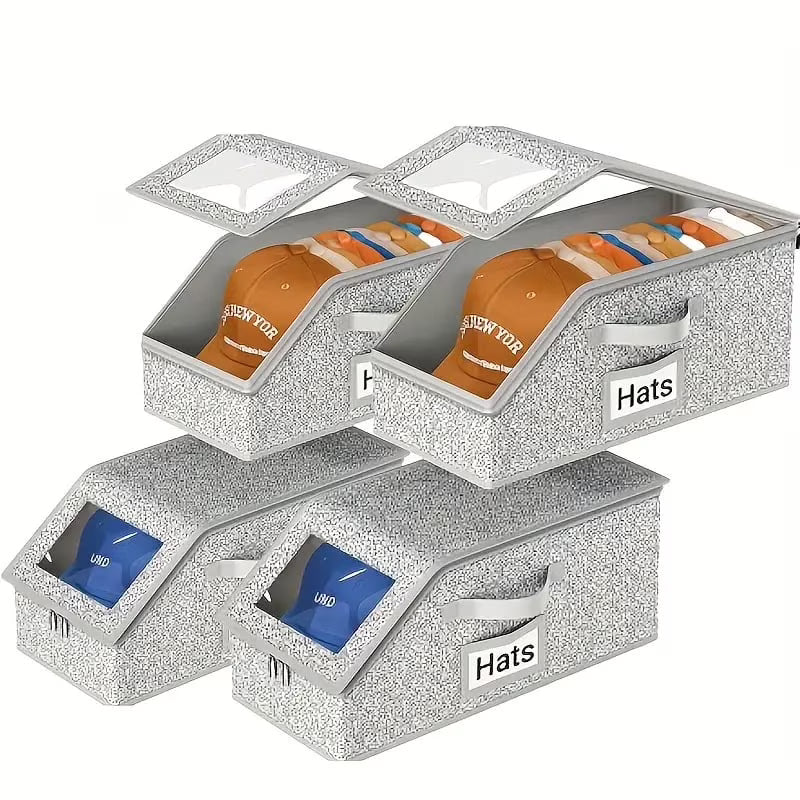 4 PCS Stackable Hat Storage for Baseball Caps Hat Storage Boxes for Closet Holds up to 12 Caps with Cardboard Hat Organizer for Women & Men (Grey) – Stackable Organization for Simple Storage and Daily Tasks