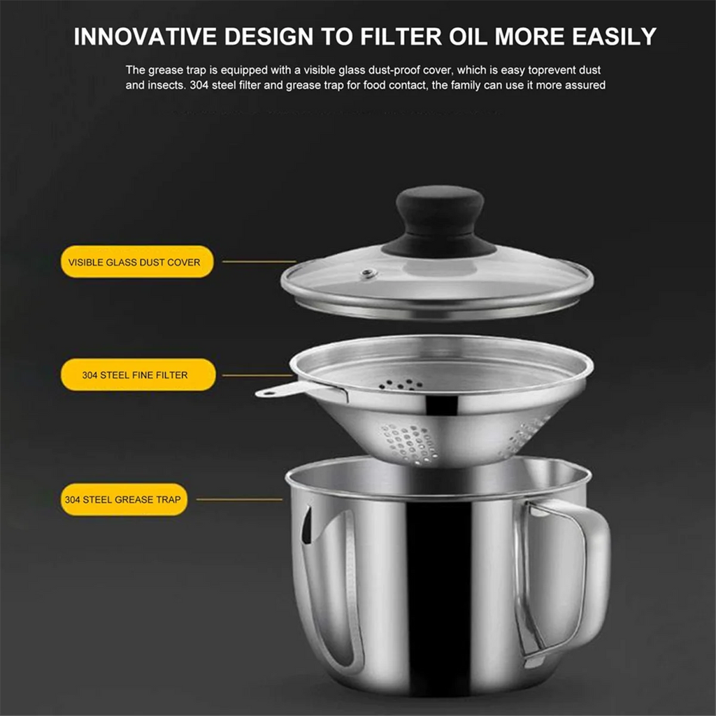 Stainless Steel Fat Separator 1L/4 Cup Gravy Grease with Strainer and Glass Lid Soup Oil Cup – Durable Stainless Steel Construction for Simple Storage and Daily Tasks