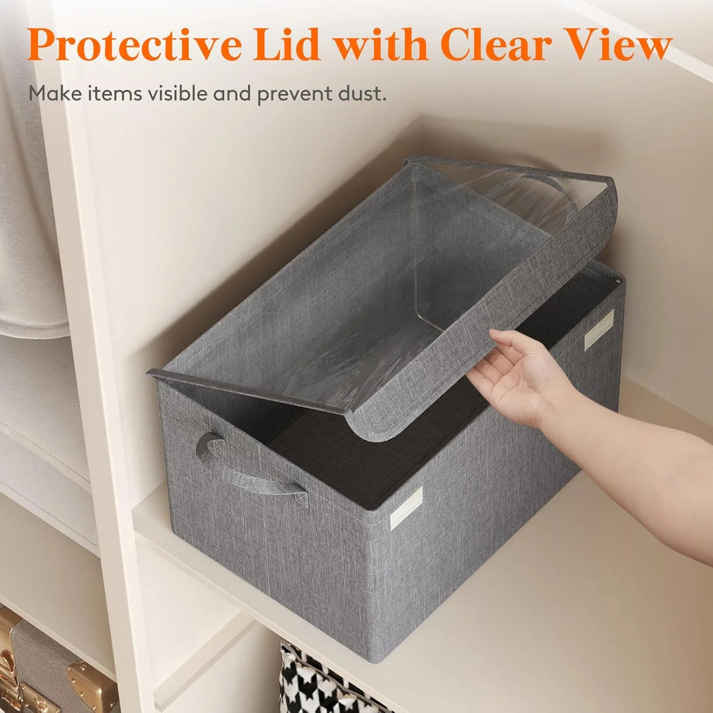 Fabric Storage Boxes 6 Pcs Stackable Storage Bins with Clear Lids Foldable Oxford Cloth Cube Closet Organizer Baskets Clothes Containers for Towels Blankets Books Light Grey-Large – Foldable Space-Saving Design for Simple Storage and Daily Tasks