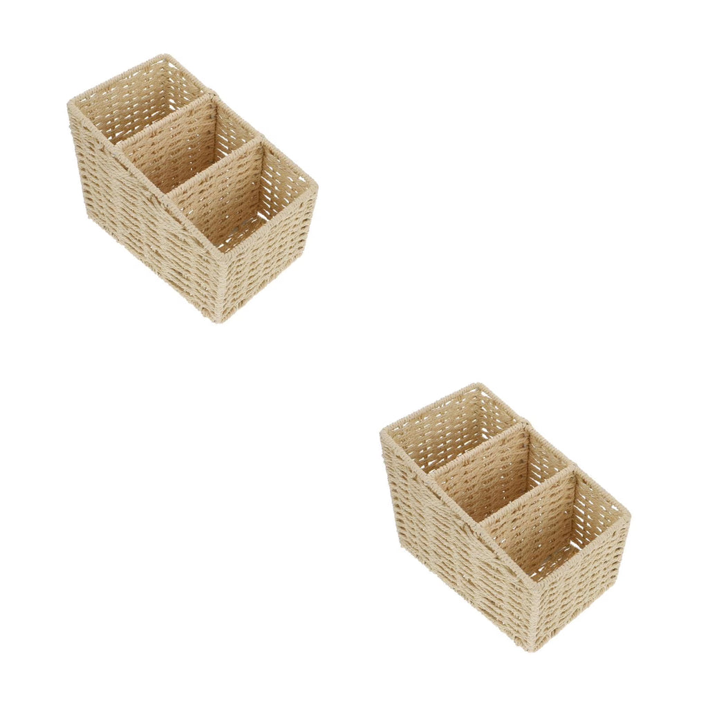 2pcs Woven 3 Compartments Woven Storage Box Bin Makeup Container Cube Organizer Divider for Home Bathroom Bedroom Closet Table Remote Beige – Multiroom Organization Format for Simple Storage and Daily Tasks