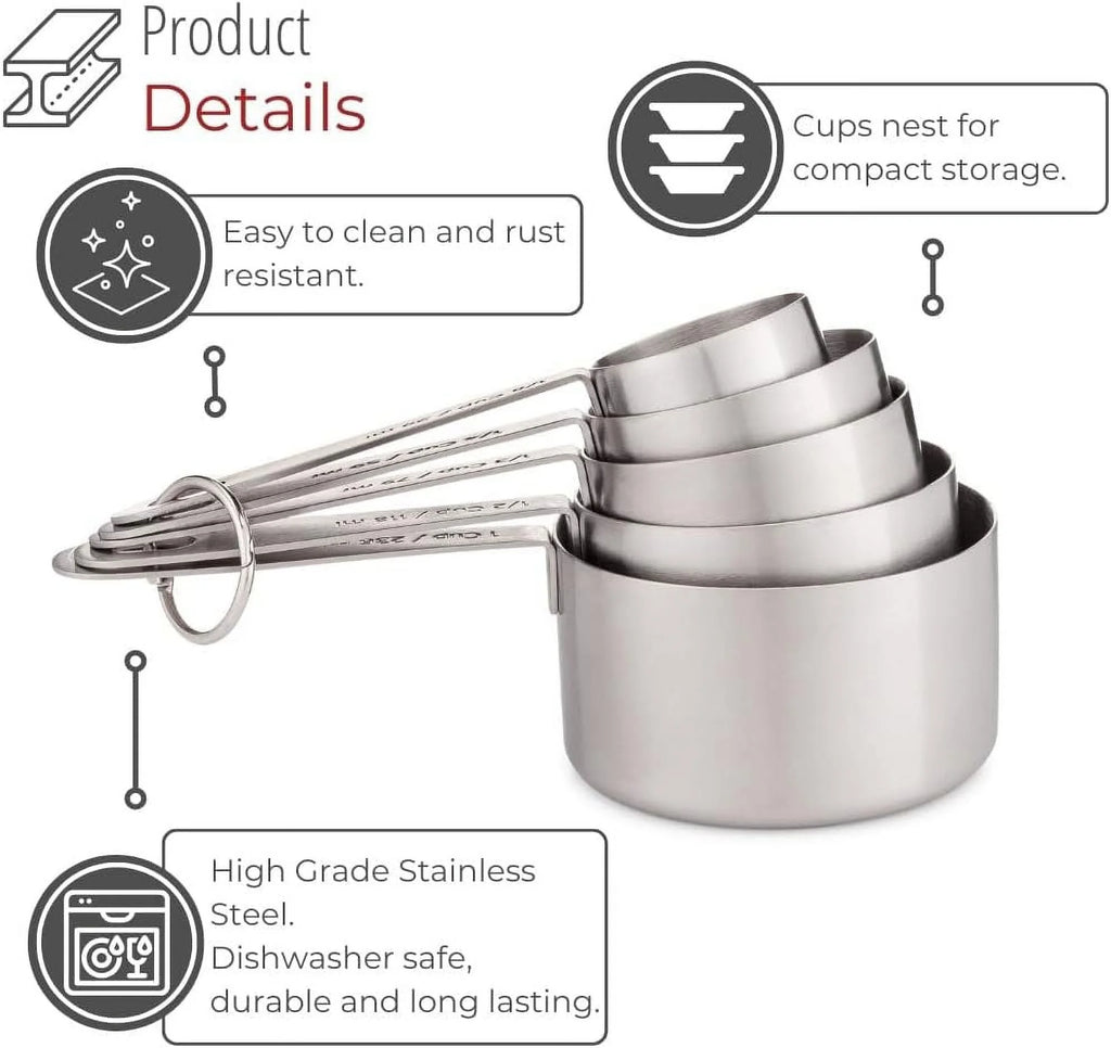 Stainless Steel Measuring Cups Heavy-Duty 5-Piece Set with Storage Ring – Kitchen Measuring Tools – Durable Stainless Steel Construction for Simple Storage and Daily Tasks