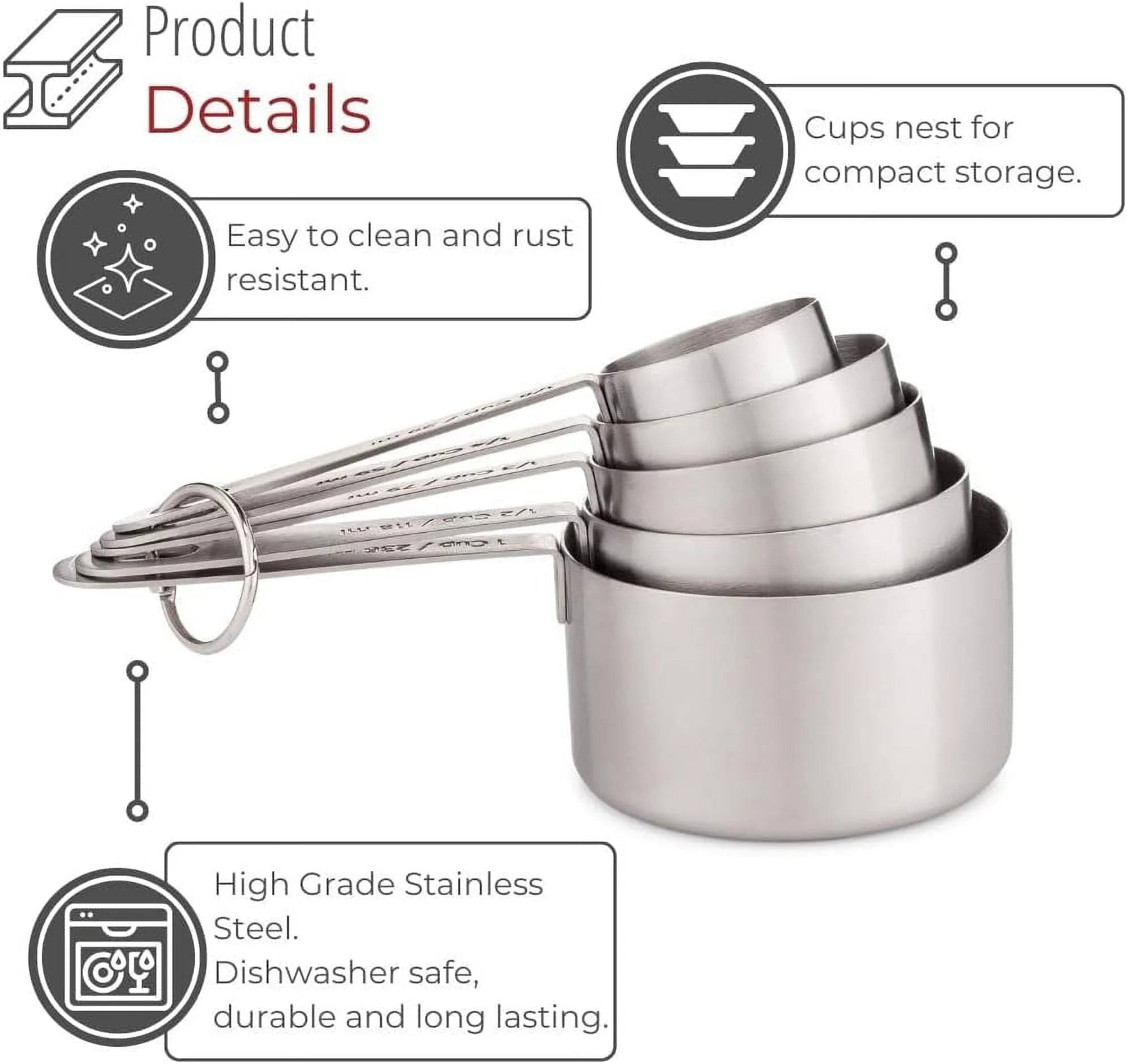 Stainless Steel Measuring Cups Heavy-Duty 5-Piece Set with Storage Ring – Kitchen Measuring Tools – Durable Stainless Steel Construction for Simple Storage and Daily Tasks