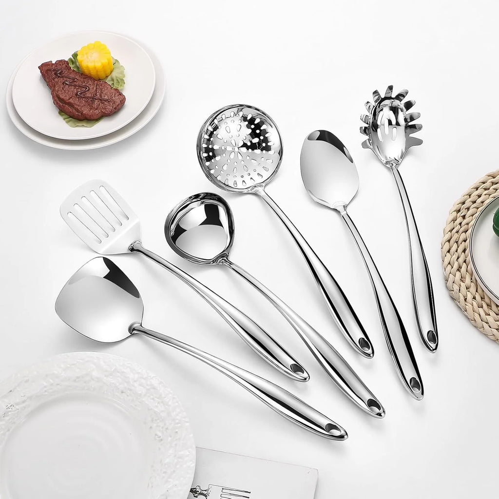 304 Stainless Steel Cooking Utensils Set,6 Pcs Long Metal Kitchen Utensils Set with Spatula Solid Spoon Ladle Skimmer Spaghetti Spoon,Dishwasher Suitable – Durable Stainless Steel Construction for Simple Storage and Daily Tasks