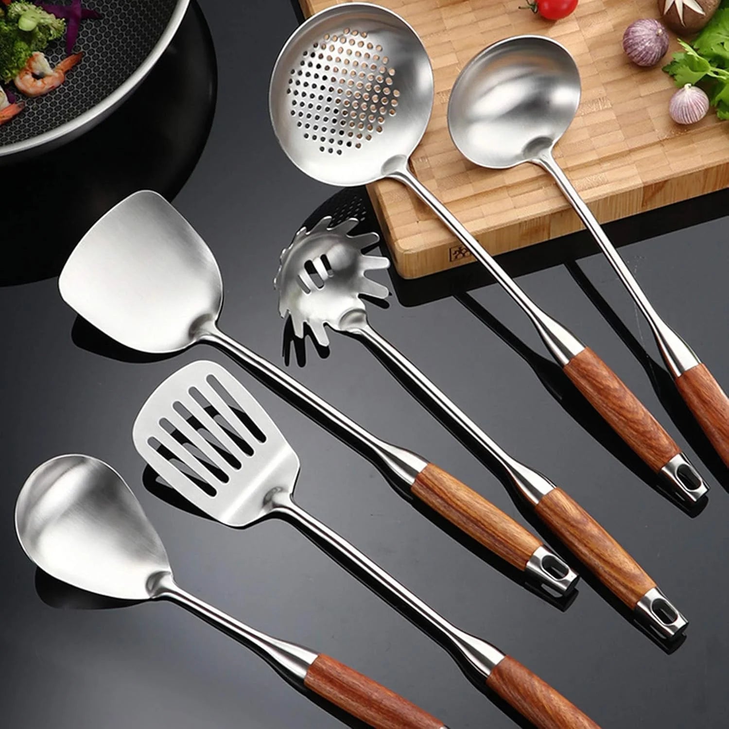 Cooking Utensils Set,7pcs 304 Stainless Steel Kitchen Utensils Set with Holder,Heat Resistant Wooden Handle Kitchen Tools – Convenient Carry Handles for Simple Storage and Daily Tasks