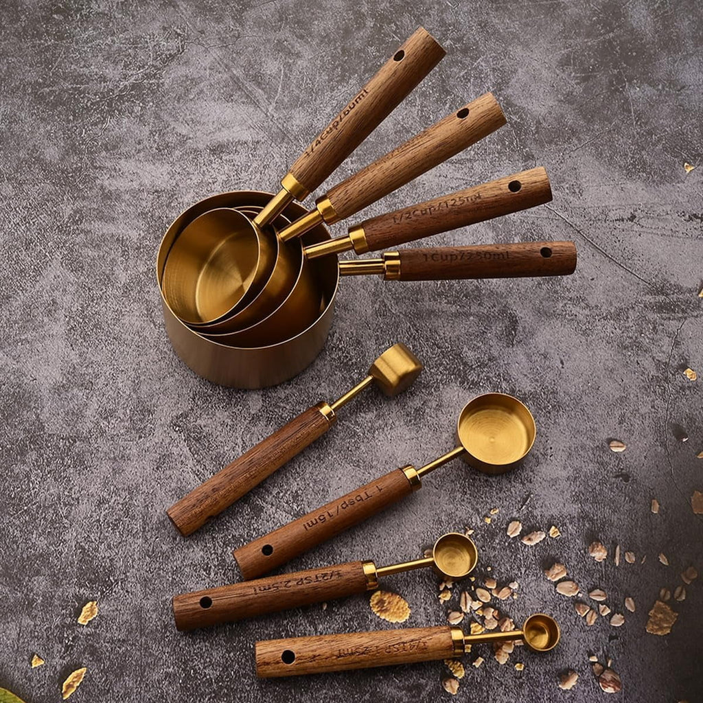 8 pieces Golden Measuring Cups Set and Measuring Spoons Set with Scale Wooden Handle Stainless Steel Dry & Liquid Measuring Cup for Cooking Baking – Convenient Carry Handles for Simple Storage and Daily Tasks