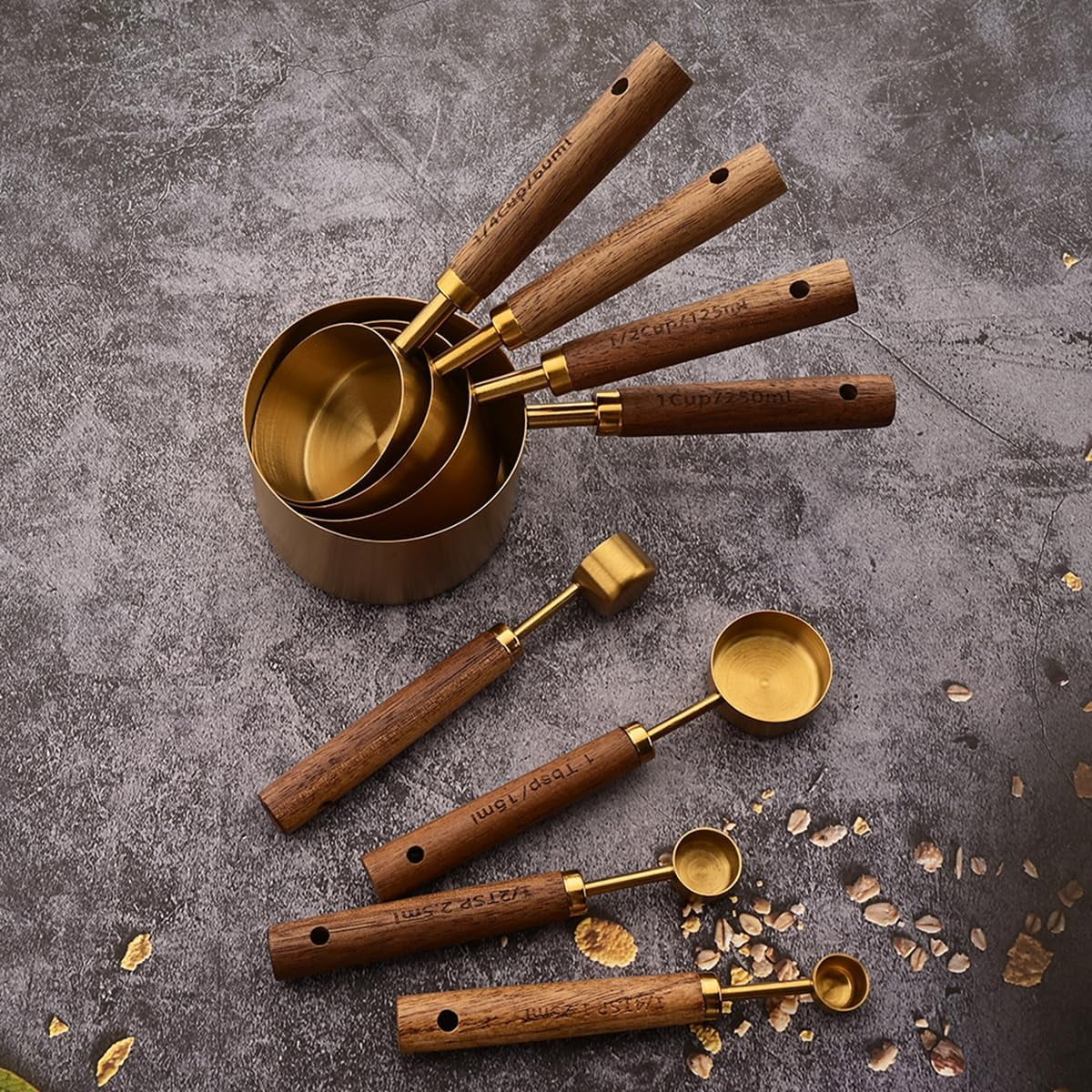 8 pieces Golden Measuring Cups Set and Measuring Spoons Set with Scale Wooden Handle Stainless Steel Dry & Liquid Measuring Cup for Cooking Baking – Convenient Carry Handles for Simple Storage and Daily Tasks