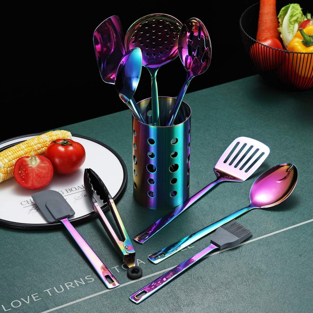 Rainbow Kitchen Utensil Set 13-Piece Stainless Steel Cookware Set Titanium Rainbow Plating Kitchen Tool Set with Cutlery Holder Suitable for Non-stick Cookware Dishwasher Suitable – Durable Stainless Steel Construction for Simple Storage and Daily Tasks