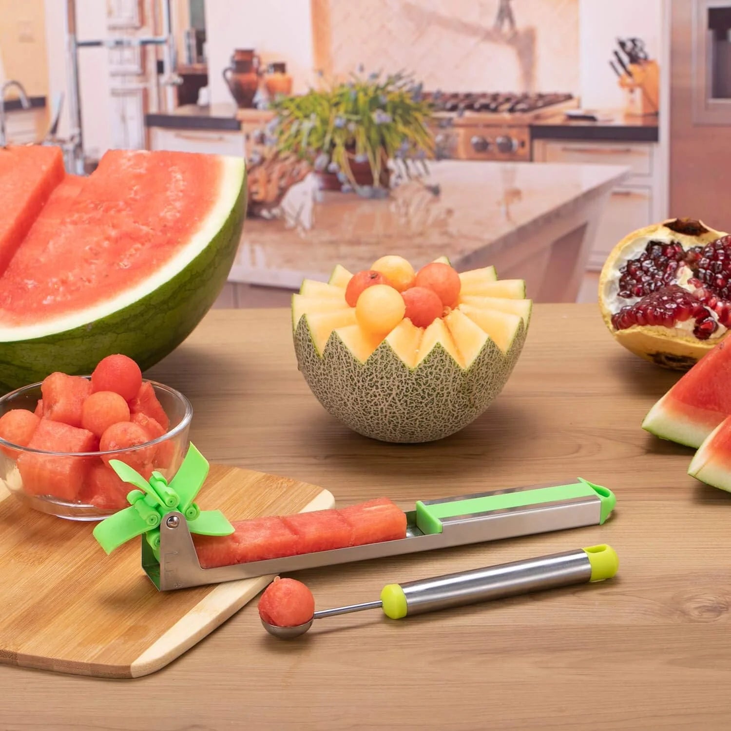 Watermelon Windmill Cutter Slicer Stainless Steel Shape Fruit Tools Quickly Cut Tool Kitchen Gadgets with Melon Scoop – Durable Stainless Steel Construction for Simple Storage and Daily Tasks