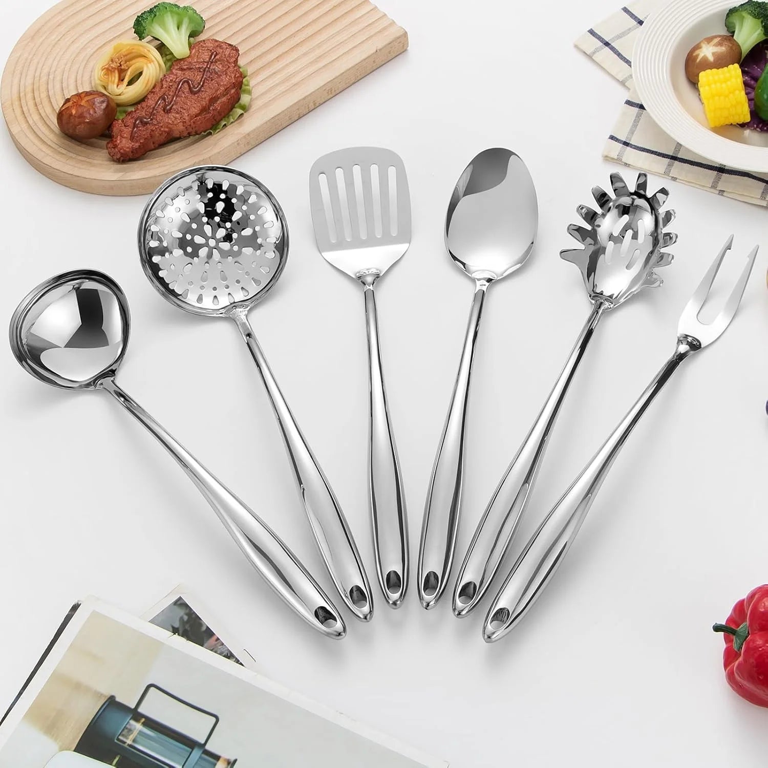 304 Stainless Steel Kitchen Utensils Set 6 Pcs Long Metal Cooking Utensil with Spatula Solid Spoon Ladle Skimmer Spaghetti Spoon Meat Fork Dishwasher Suitable – Durable Stainless Steel Construction for Simple Storage and Daily Tasks