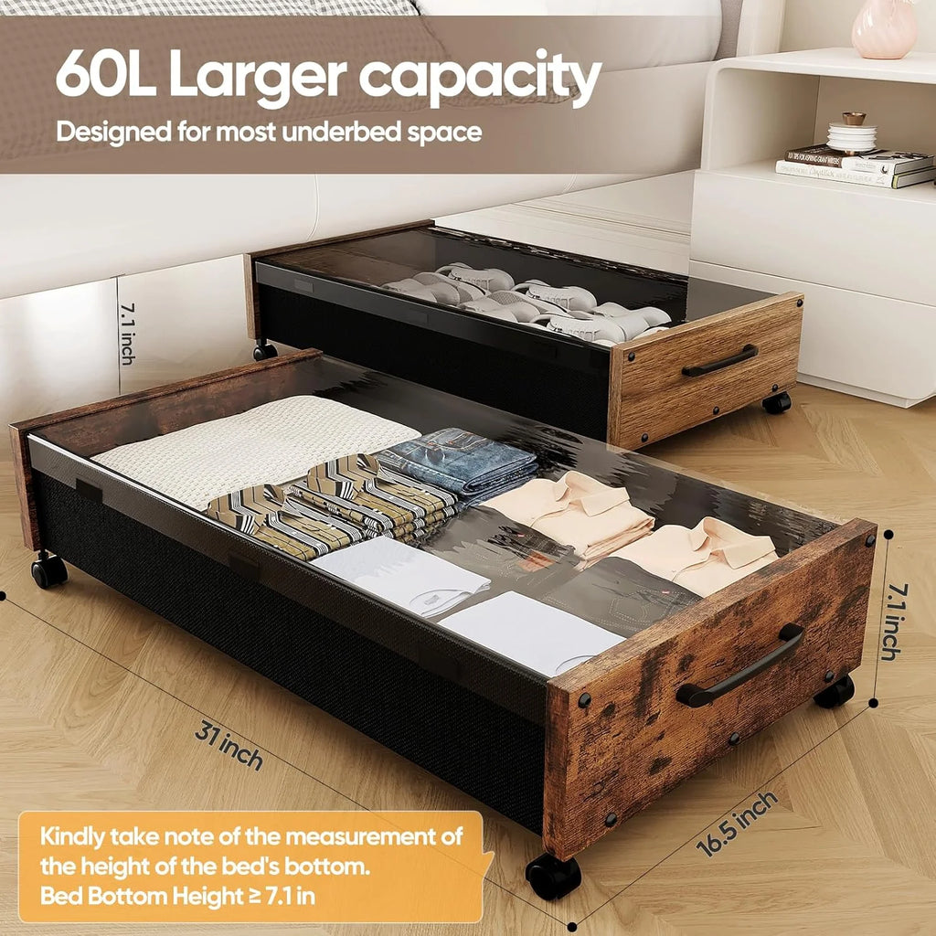 Wooden Under Bed Storage with Wheels Rolling Under the Bed Storage Bins with Removable Lid Metal Under Bed Drawers for Clothes and Shoes in Bedroom or Living Room(Black Wood-2pack) – Easy-Roll Mobility for Simple Storage and Daily Tasks