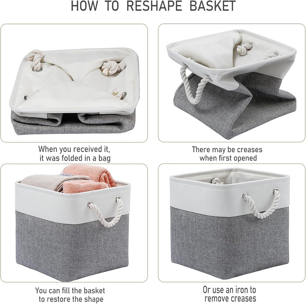 13 x 13 Inch Cube Storage Bins 6 Pack Extra Large Collapsible Fabric Storage Bin with Ropes Foldable Storage Cubes for Home (White & Beige-13"x13"x13") – Foldable Space-Saving Design for Simple Storage and Daily Tasks