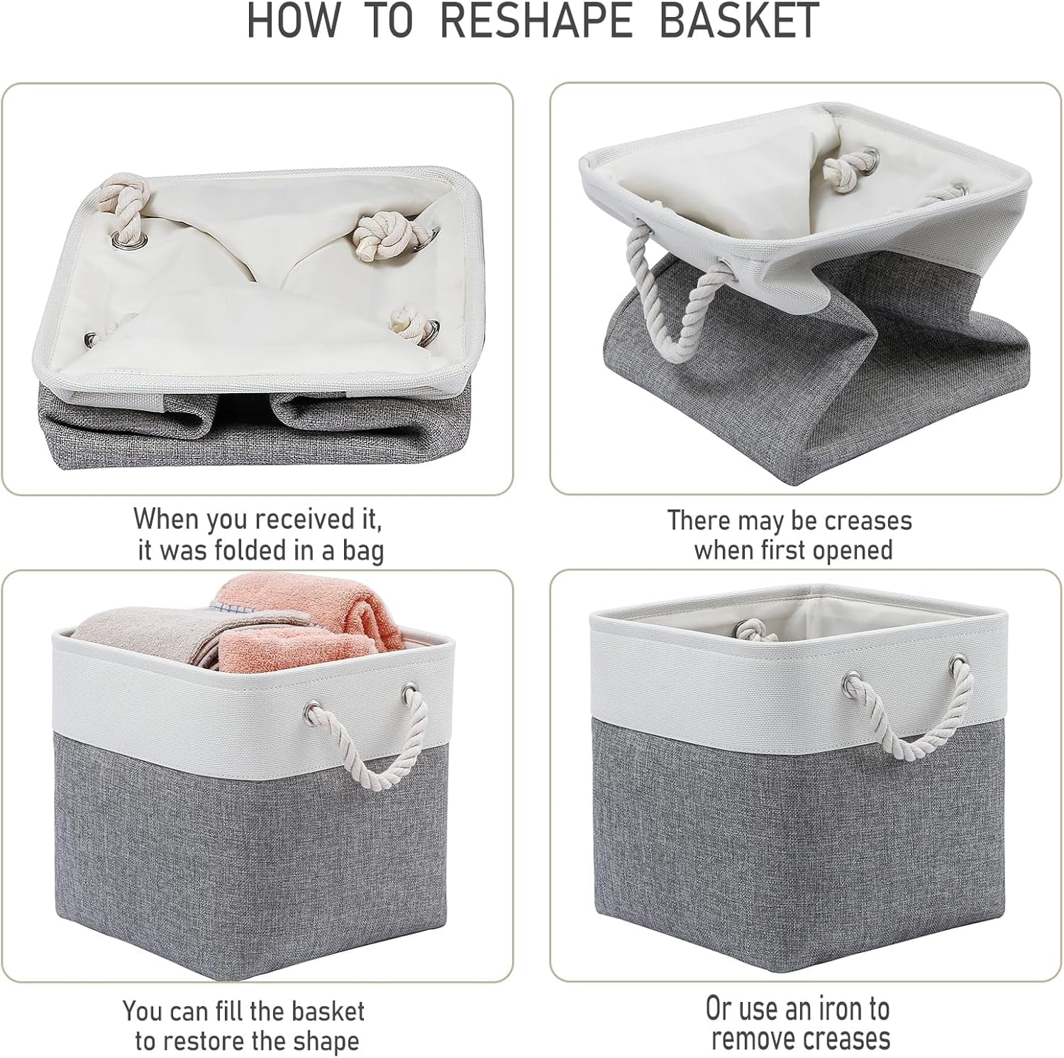13 x 13 Inch Cube Storage Bins 6 Pack Extra Large Collapsible Fabric Storage Bin with Ropes Foldable Storage Cubes for Home (White & Beige-13"x13"x13") – Foldable Space-Saving Design for Simple Storage and Daily Tasks