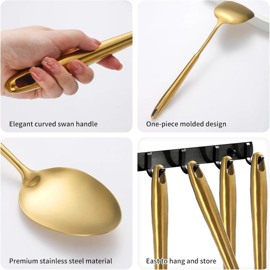 304 Stainless Steel Cooking Utensils,6 Pcs Kitchen Cooking Utensils Set with Spatula Solid Spoon Ladle Skimmer Spaghetti Spoon,Dishwasher Suitable(Gold) – Durable Stainless Steel Construction for Simple Storage and Daily Tasks