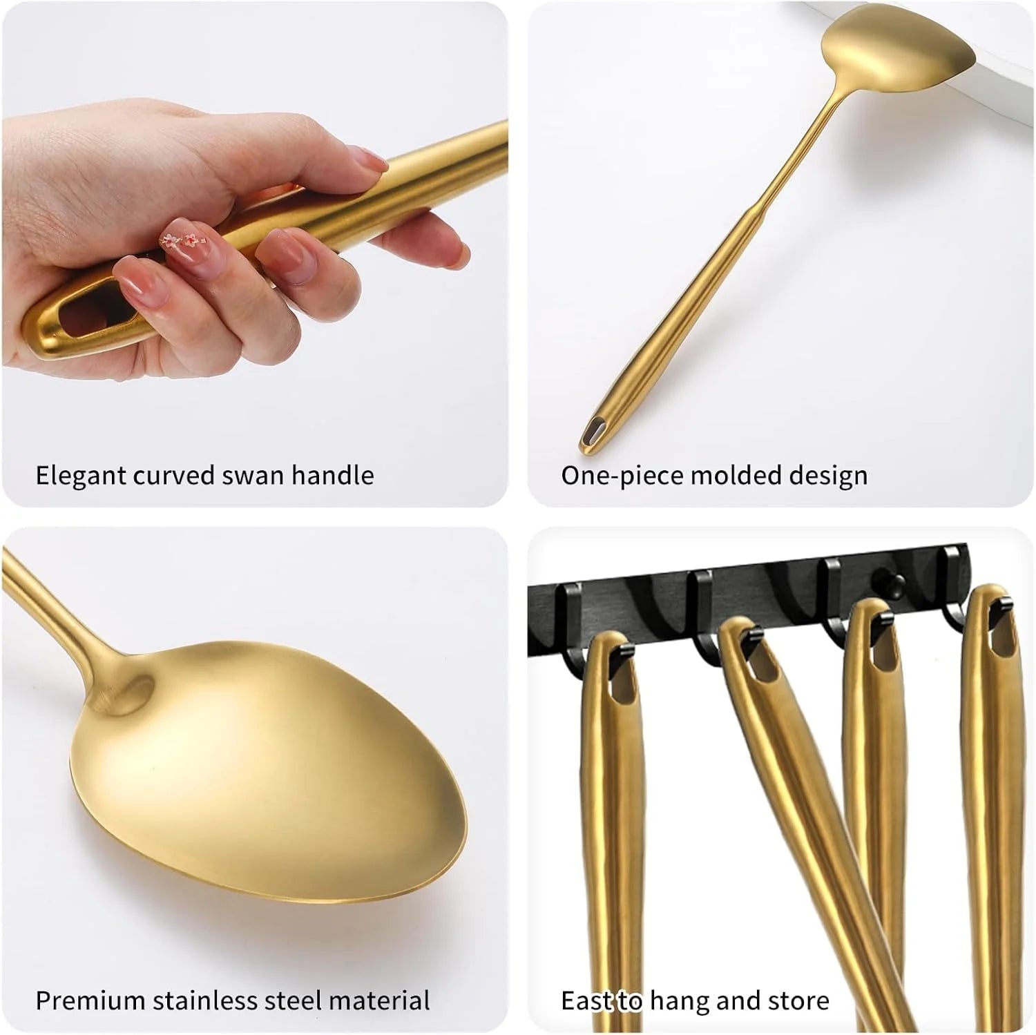 304 Stainless Steel Cooking Utensils,6 Pcs Kitchen Cooking Utensils Set with Spatula Solid Spoon Ladle Skimmer Spaghetti Spoon,Dishwasher Suitable(Gold) – Durable Stainless Steel Construction for Simple Storage and Daily Tasks