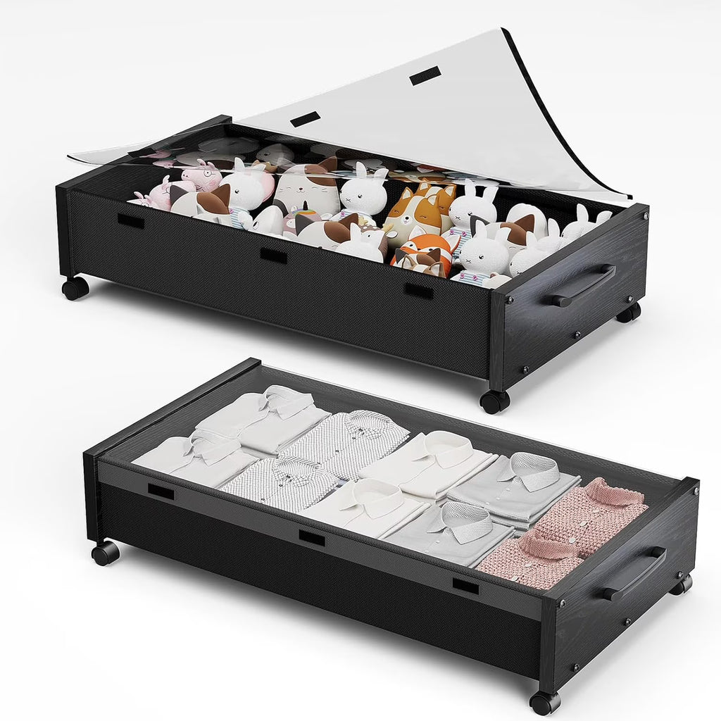Wooden Under Bed Storage with Wheels Rolling Under the Bed Storage Bins with Removable Lid Metal Under Bed Drawers for Clothes and Shoes in Bedroom or Living Room(Black Wood-2pack) – Easy-Roll Mobility for Simple Storage and Daily Tasks