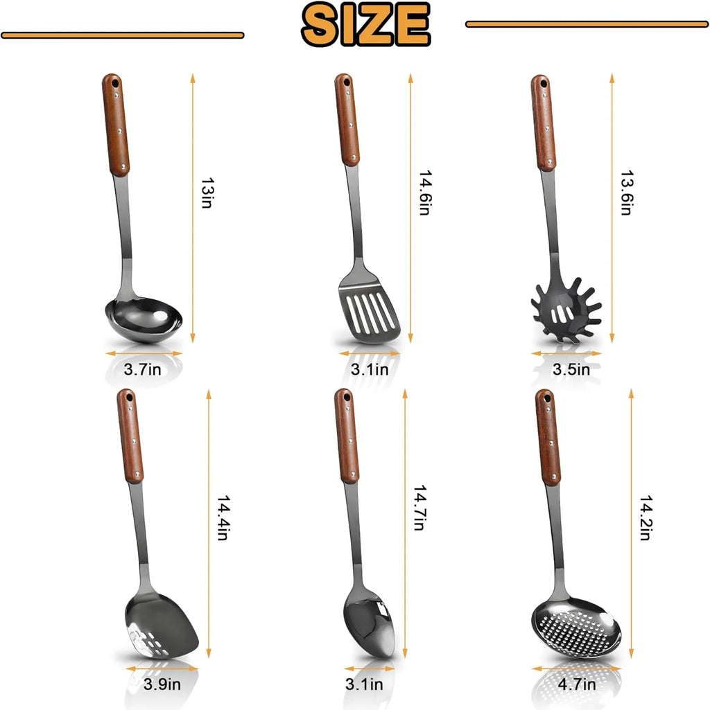 Stainless Steel Cooking Utensils Set Mirror Polished 6 Pieces Kitchen Utensils Set Kitchen Tools Set With Wooden Handle Non-Stick Heat Resistant,Dishwasher Suitable Easy to Clean – Convenient Carry Handles for Simple Storage and Daily Tasks