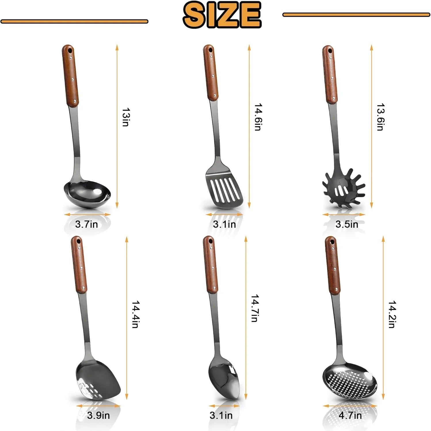Stainless Steel Cooking Utensils Set Mirror Polished 6 Pieces Kitchen Utensils Set Kitchen Tools Set With Wooden Handle Non-Stick Heat Resistant,Dishwasher Suitable Easy to Clean – Convenient Carry Handles for Simple Storage and Daily Tasks