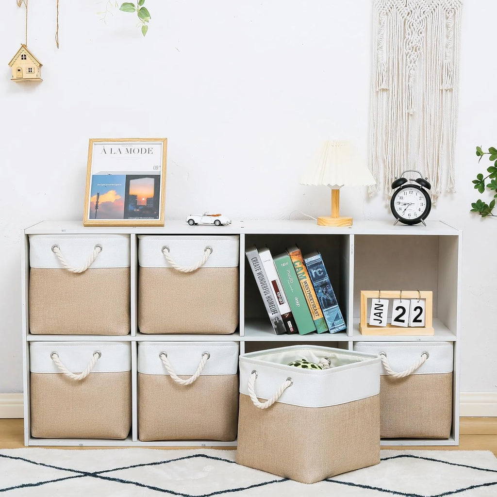 11 x 11 Inch Storage Cubes 6 Pack Large Collapsible Fabric Storage Bin White&Beige – Foldable Space-Saving Design for Simple Storage and Daily Tasks