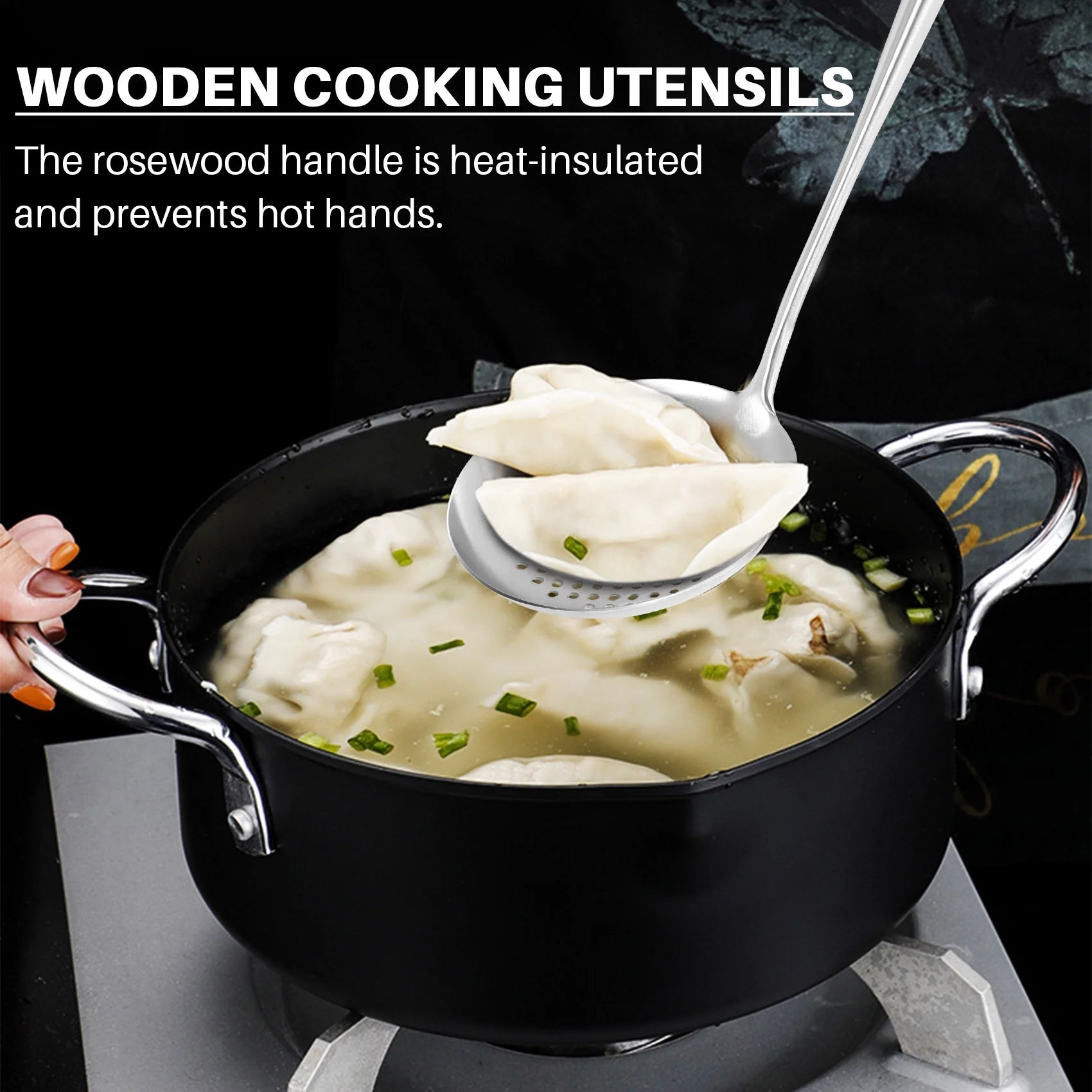 Long Handle Stainless Steel Wok Kitchen Slotted Turner Rice Spoon Ladle Cooking Tools Utensil Set – Convenient Carry Handles for Simple Storage and Daily Tasks