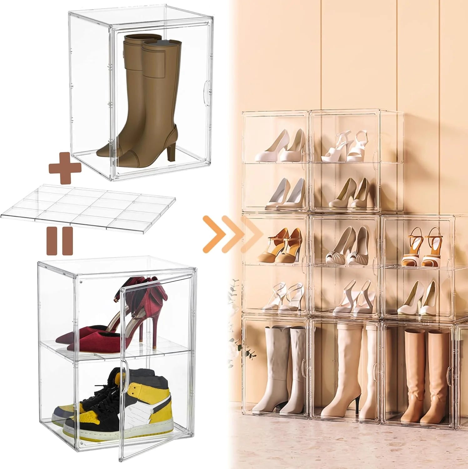 XXX-Large Clear Acrylic Display Case Boot Shoe Storage Boxes With An Adjustable Divider,2 Pack 2 Tiers Clear Plastic Stackable Storage Bins With Lids Big Display Acrylic Box With Magnetic Door – Everyday Household Format for Simple Storage and Daily Tasks