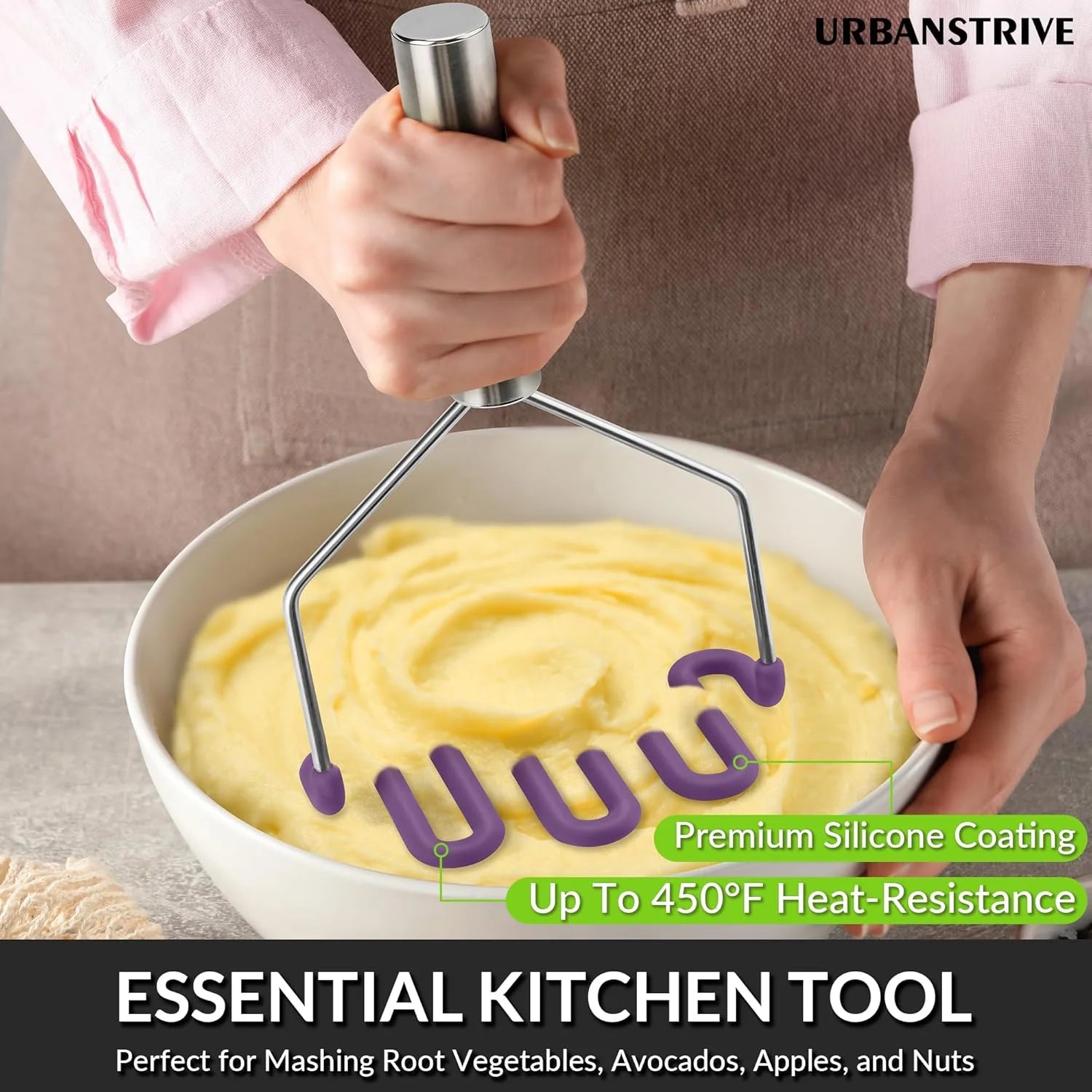 Scratch-resistant silicone potato mash maker kitchen tool stainless steel outer layer wrapped with durable silicone. – Durable Stainless Steel Construction for Simple Storage and Daily Tasks