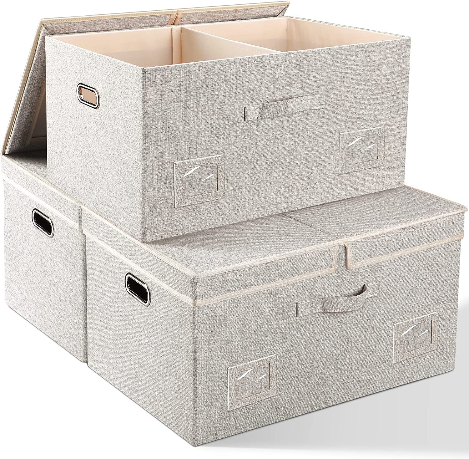 Medium 15" 21 Quart Collapsible Stackable Storage Bins with Lids 5 Packs Beige Foldable Fabric Closet Boxes Heavy-duty Lidded Linen Cube Baskets Container Organizers and Storage – Multiroom Organization Format for Simple Storage and Daily Tasks