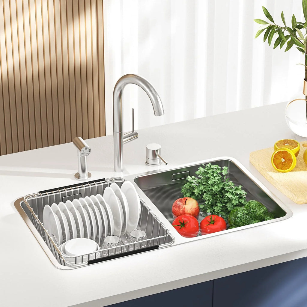 Dish Drying Rack in-Sink 304 Stainless Steel Dish Drainer with Stainless Steel Silverware Holder Over Inside Sink-Adjustable – Durable Stainless Steel Construction for Simple Storage and Daily Tasks