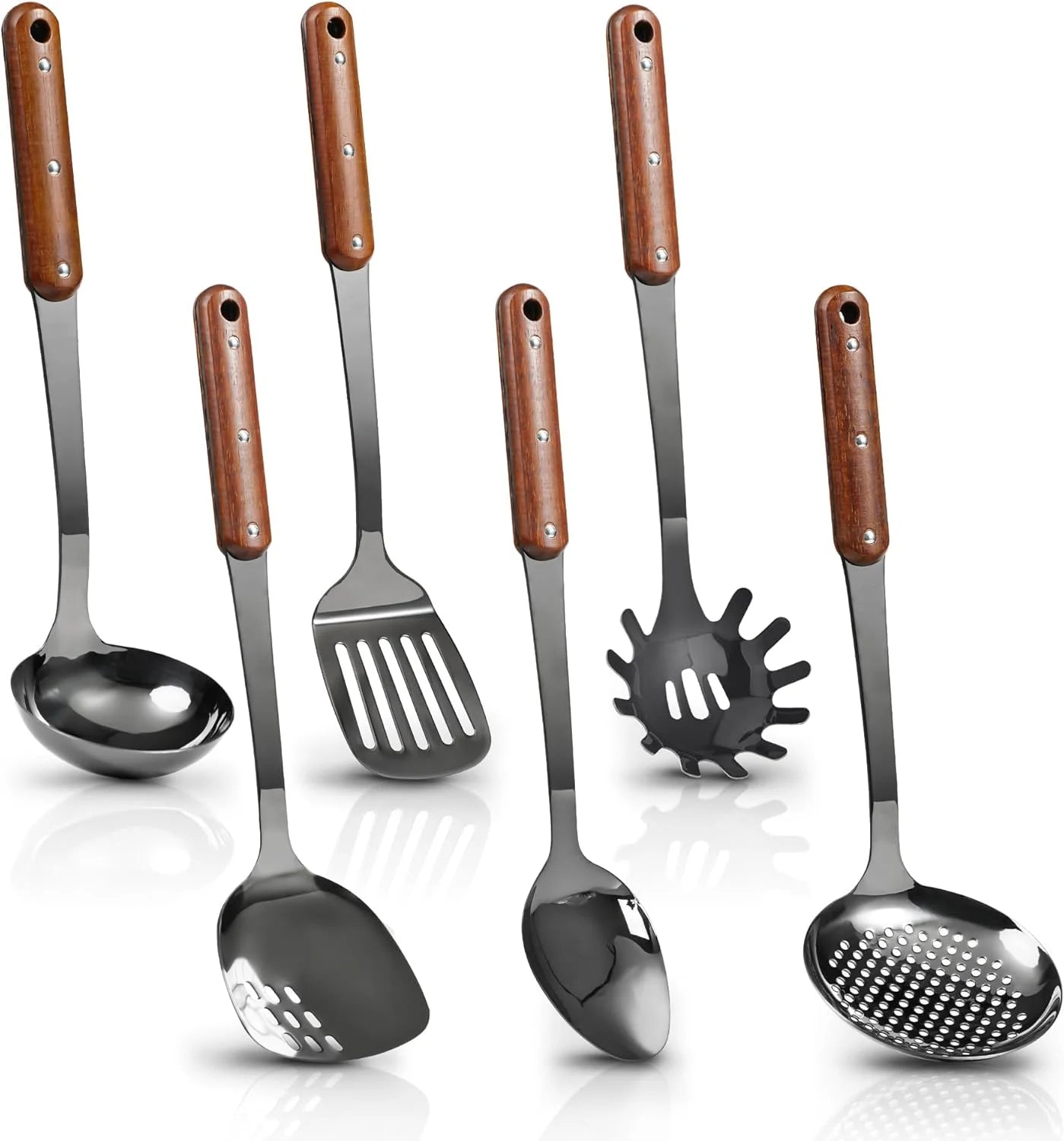 Stainless Steel Cooking Utensils Set Mirror Polished 6 Pieces Kitchen Utensils Set Kitchen Tools Set With Wooden Handle Non-Stick Heat Resistant,Dishwasher Suitable Easy to Clean – Convenient Carry Handles for Simple Storage and Daily Tasks
