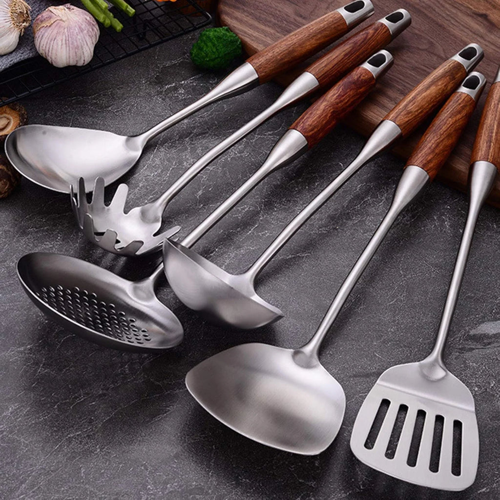 Cooking Utensils Set,7pcs 304 Stainless Steel Kitchen Utensils Set with Holder,Heat Resistant Wooden Handle Kitchen Tools – Convenient Carry Handles for Simple Storage and Daily Tasks