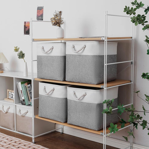 13 x 13 Inch Cube Storage Bins 6 Pack Extra Large Collapsible Fabric Storage Bin with Ropes Foldable Storage Cubes for Home (White & Beige-13"x13"x13") – Foldable Space-Saving Design for Simple Storage and Daily Tasks