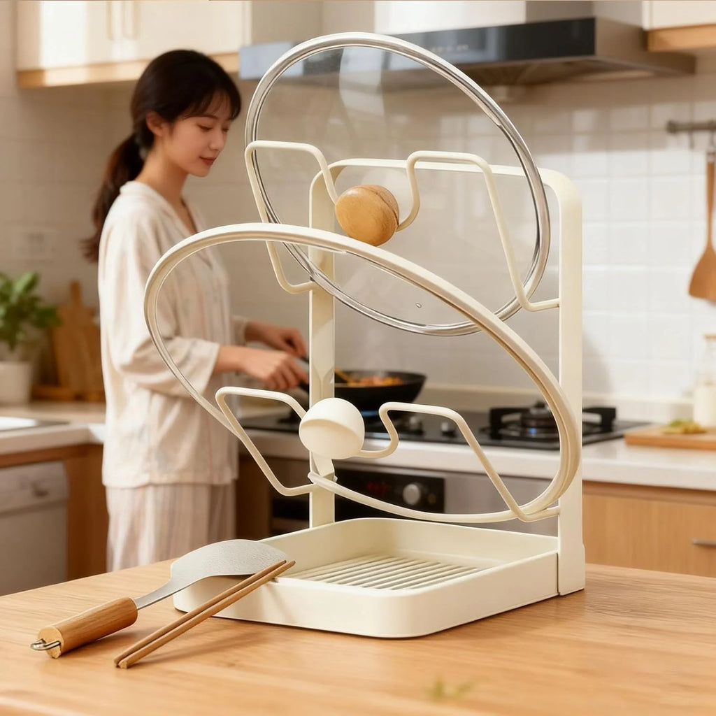 Kitchen Pot Lid Storage Rack 304 Stainless Steel Pot Lid Holder While Cooking Multifunctional Kitchen Pot Cover Organizer for Countertop With Removable Drip Tray – Durable Stainless Steel Construction for Simple Storage and Daily Tasks