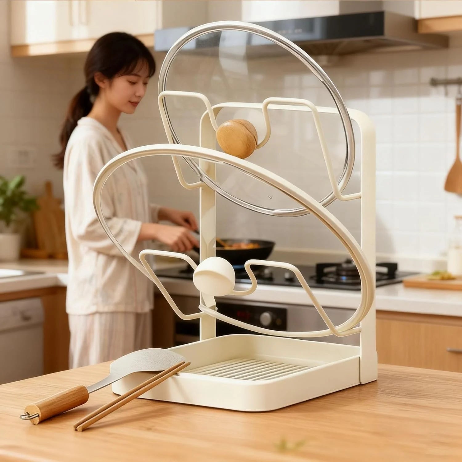 Kitchen Pot Lid Storage Rack 304 Stainless Steel Pot Lid Holder While Cooking Multifunctional Kitchen Pot Cover Organizer for Countertop With Removable Drip Tray – Durable Stainless Steel Construction for Simple Storage and Daily Tasks