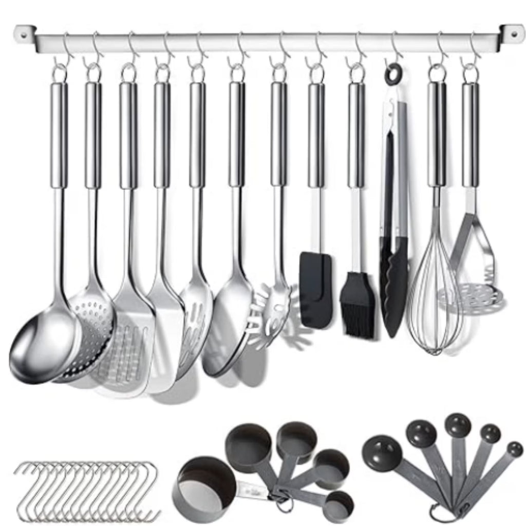 Kitchen Utensils Set 38 Pieces Stainless Steel Cooking Utensils Set Kitchen Gadgets Cookware Kitchen Tool Set with Utensil Holder Rack And Hooks For Hanging Dishwasher Suitable – Space-Saving Hanging Design for Simple Storage and Daily Tasks