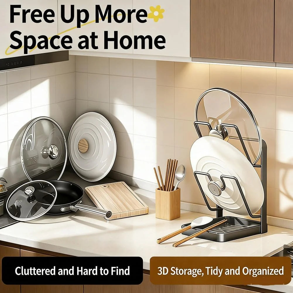Kitchen Pot Lid Storage Rack Stainless Steel Pot Lid Holder While Cooking & Spoon Rest Multifunctional Pot Lid Organizer with Removable Drip Tray for Countertop Space-Saving Lid – Durable Stainless Steel Construction for Simple Storage and Daily Tasks