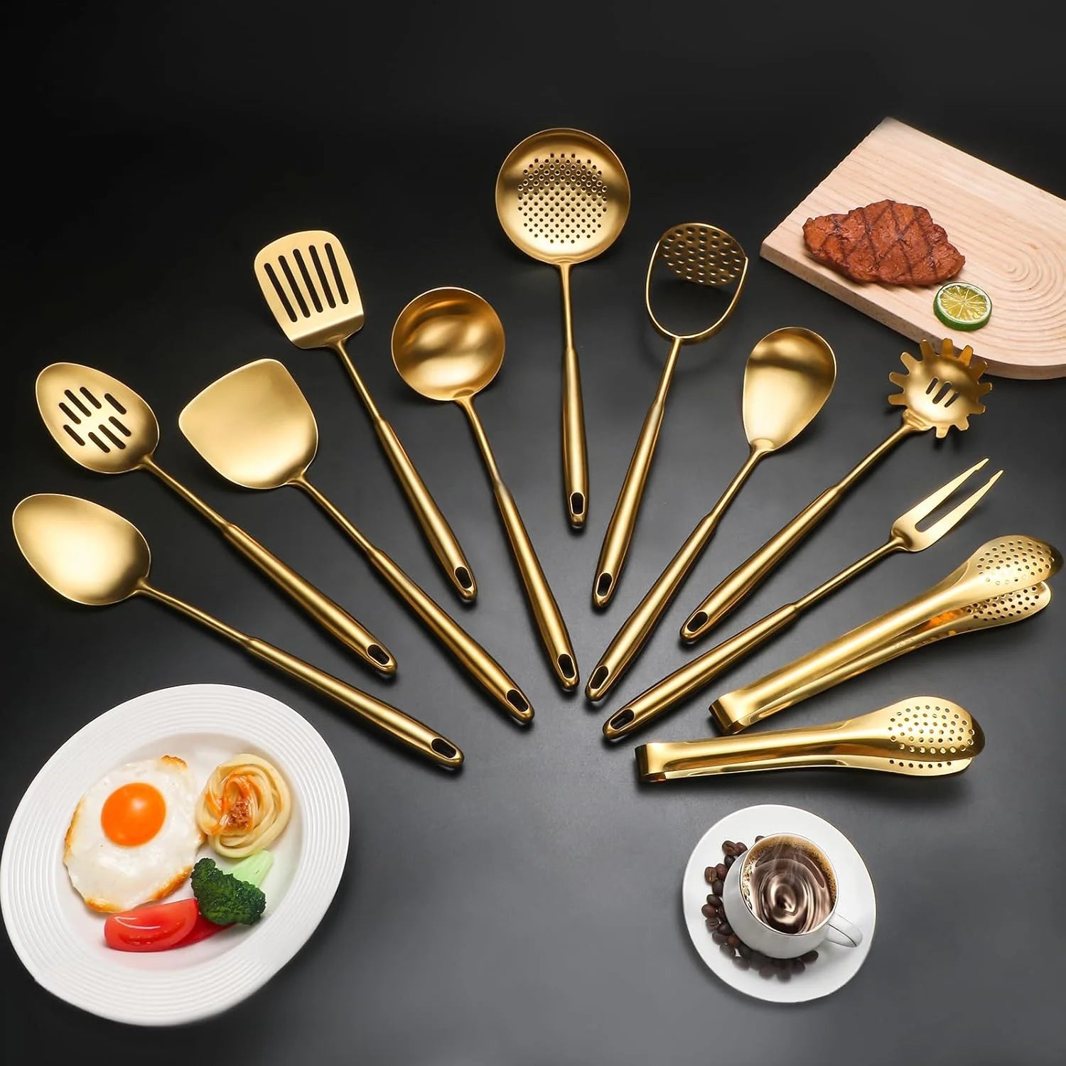 304 Stainlss Steel Kitchen Utensils Set 12 Pcs Long Metal Cooking Utensil Gadgets Tools Set with Spatula Ladle Spoon Ladle Skimmer Tunner Pasta Server Tongs(Silver Dishwasher Suitable) – Convenient Multi-Piece Set for Simple Storage and Daily Tasks