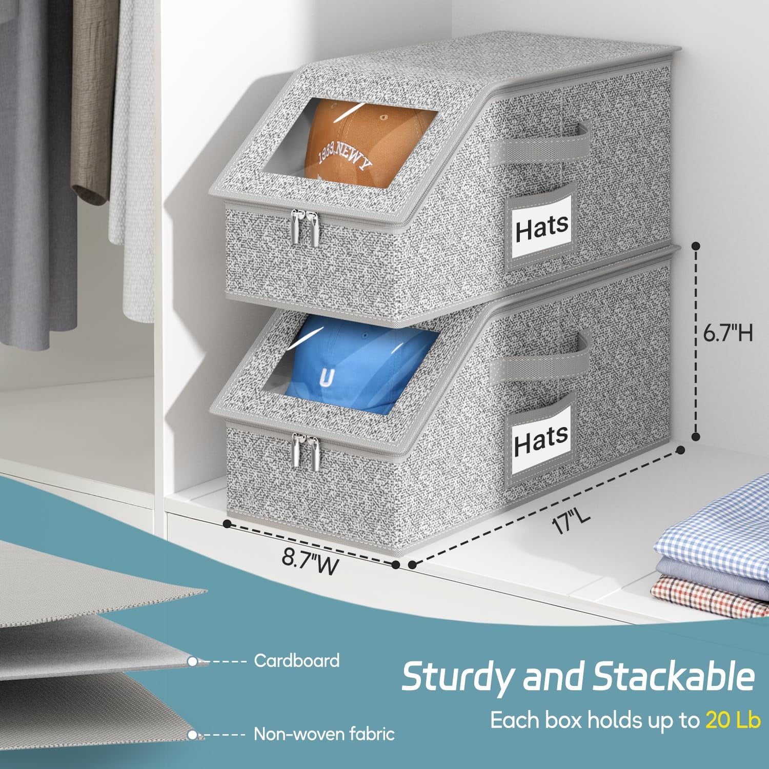 2 Pcs Stackable Hat Storage for Baseball Caps Holds up to 24 Caps Hat Organizer for Closet Sturdy Snapback Boxes for Men with Cardboard Grey – Stackable Organization for Simple Storage and Daily Tasks