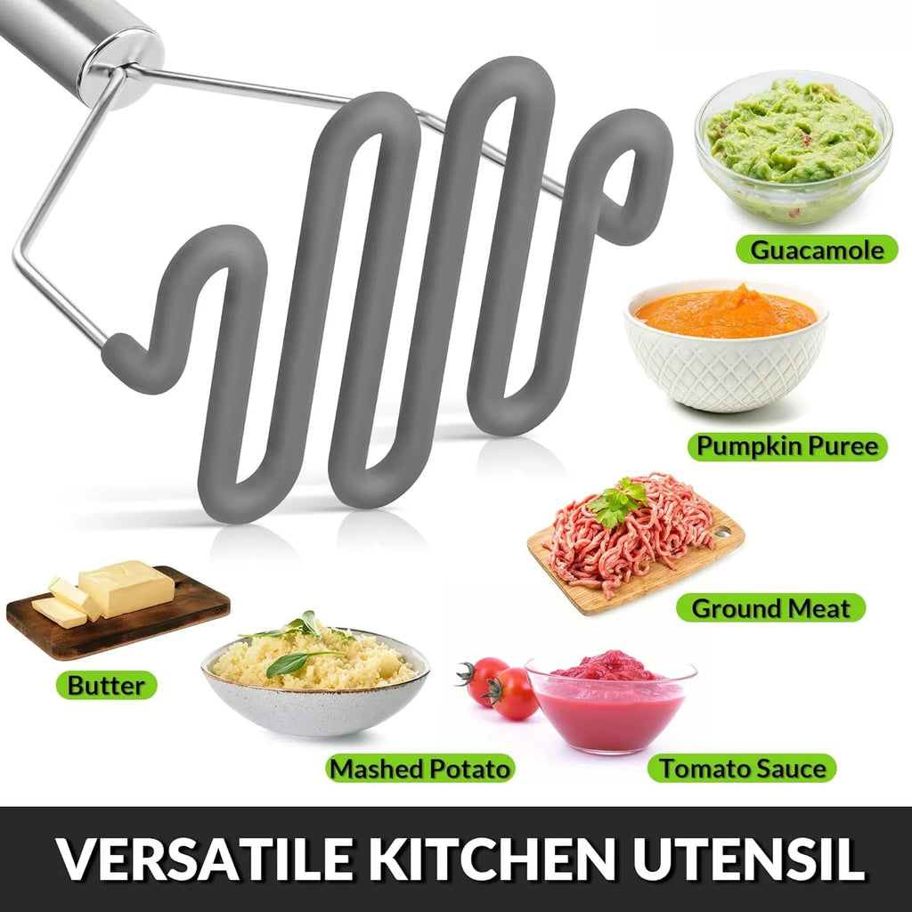 Scratch-resistant silicone potato masher kitchen tool potato masher stainless steel wrapped durable silicone potato smasher gray – Durable Stainless Steel Construction for Simple Storage and Daily Tasks