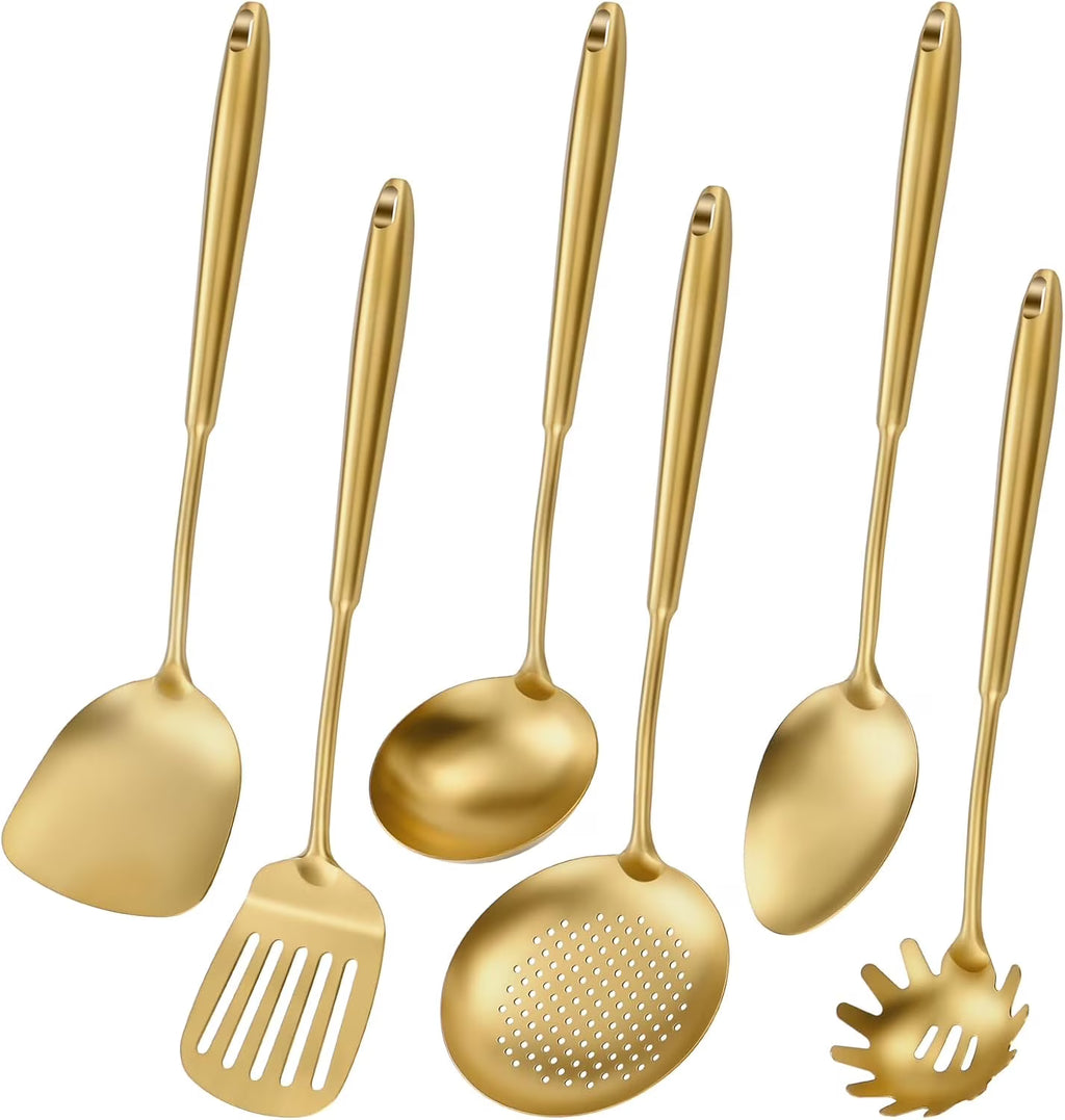 304 Stainless Steel Cooking Utensils,6 Pcs Kitchen Cooking Utensils Set with Spatula Solid Spoon Ladle Skimmer Spaghetti Spoon,Dishwasher Suitable(Gold) – Durable Stainless Steel Construction for Simple Storage and Daily Tasks