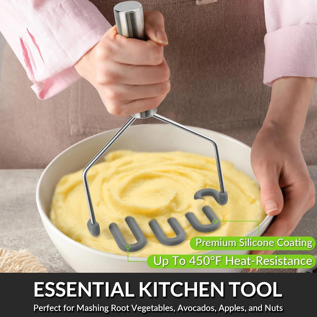 Scratch-resistant silicone potato masher kitchen tool potato masher stainless steel wrapped durable silicone potato smasher gray – Durable Stainless Steel Construction for Simple Storage and Daily Tasks