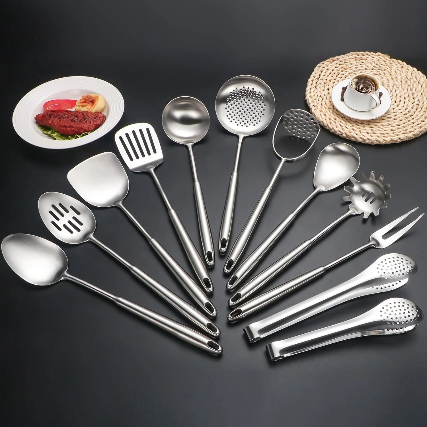 304 Stainless Steel Cooking Utensils,6 Pcs Kitchen Cooking Utensils Set with Spatula Solid Spoon Ladle Skimmer Spaghetti Spoon,Dishwasher Suitable(Black) – Durable Stainless Steel Construction for Simple Storage and Daily Tasks