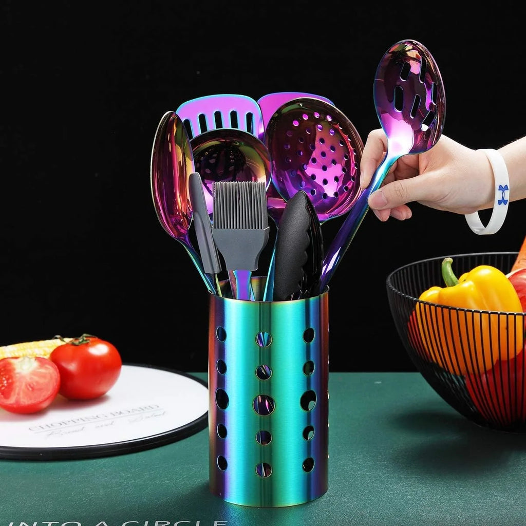 Rainbow Kitchen Utensil Set 13-Piece Stainless Steel Cookware Set Titanium Rainbow Plating Kitchen Tool Set with Cutlery Holder Suitable for Non-stick Cookware Dishwasher Suitable – Durable Stainless Steel Construction for Simple Storage and Daily Tasks