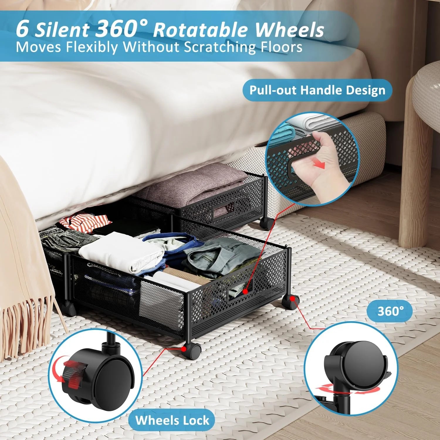 47.2'' Long Under Bed Storage on Wheels 57.6L Large Capacity Rolling Under the Bed Storage Containers Tool-Free Assembly Foldable Underbed Shoes Clothes Toy Drawers – Everyday Household Format for Simple Storage and Daily Tasks