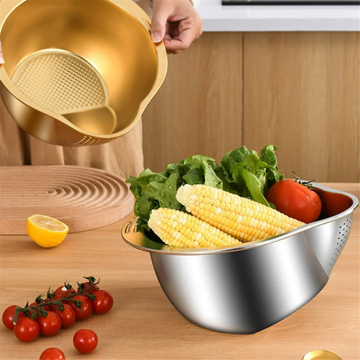 Rice Washer Strainer Bowl Stainless Steel Washing Colander Fruit and Vegetable Kitchen Tool A – Durable Stainless Steel Construction for Simple Storage and Daily Tasks