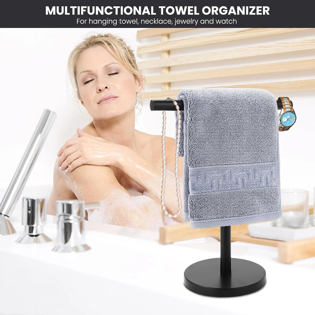 T-Shape Bath Hand Towel Holder Stand Stainless Steel Free Standing Hand Towel Rack with Heavy Base for Bathroom Kitchen & Countertop Matte Black – Durable Stainless Steel Construction for Simple Storage and Daily Tasks