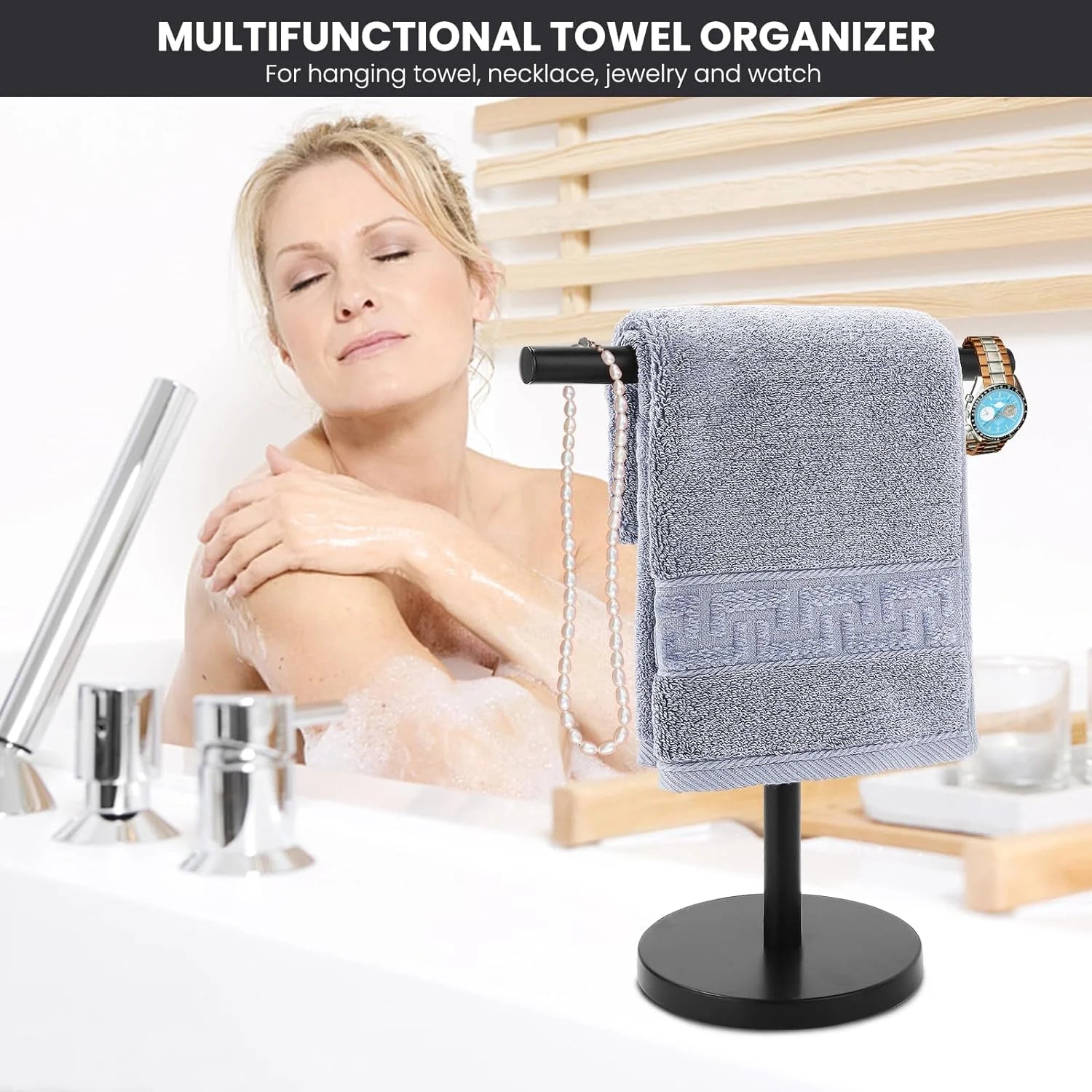 T-Shape Bath Hand Towel Holder Stand Stainless Steel Free Standing Hand Towel Rack with Heavy Base for Bathroom Kitchen & Countertop Matte Black – Durable Stainless Steel Construction for Simple Storage and Daily Tasks