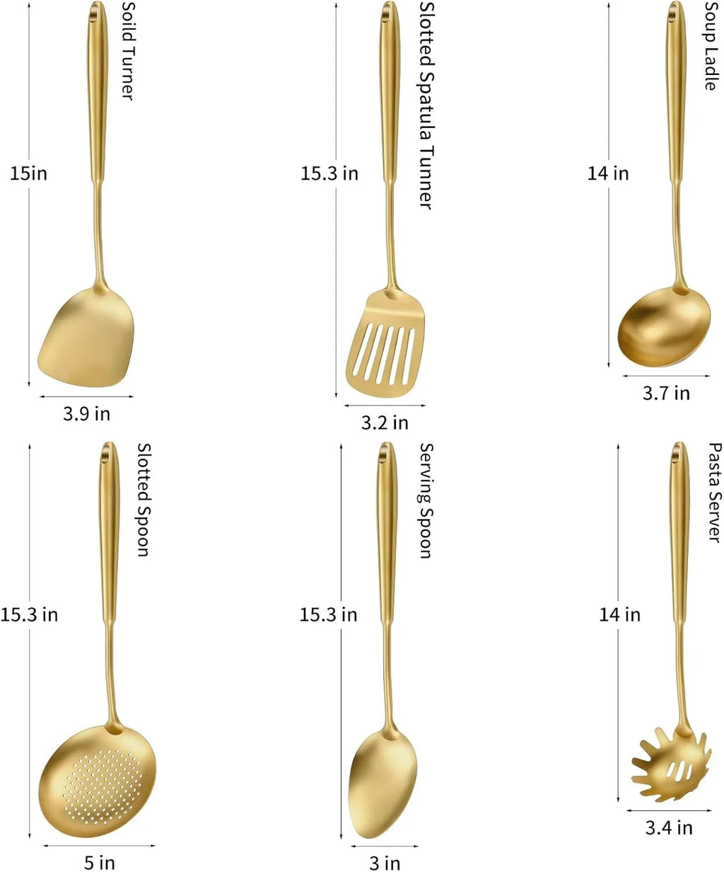 304 Stainless Steel Cooking Utensils,6 Pcs Kitchen Cooking Utensils Set with Spatula Solid Spoon Ladle Skimmer Spaghetti Spoon,Dishwasher Suitable(Gold) – Durable Stainless Steel Construction for Simple Storage and Daily Tasks