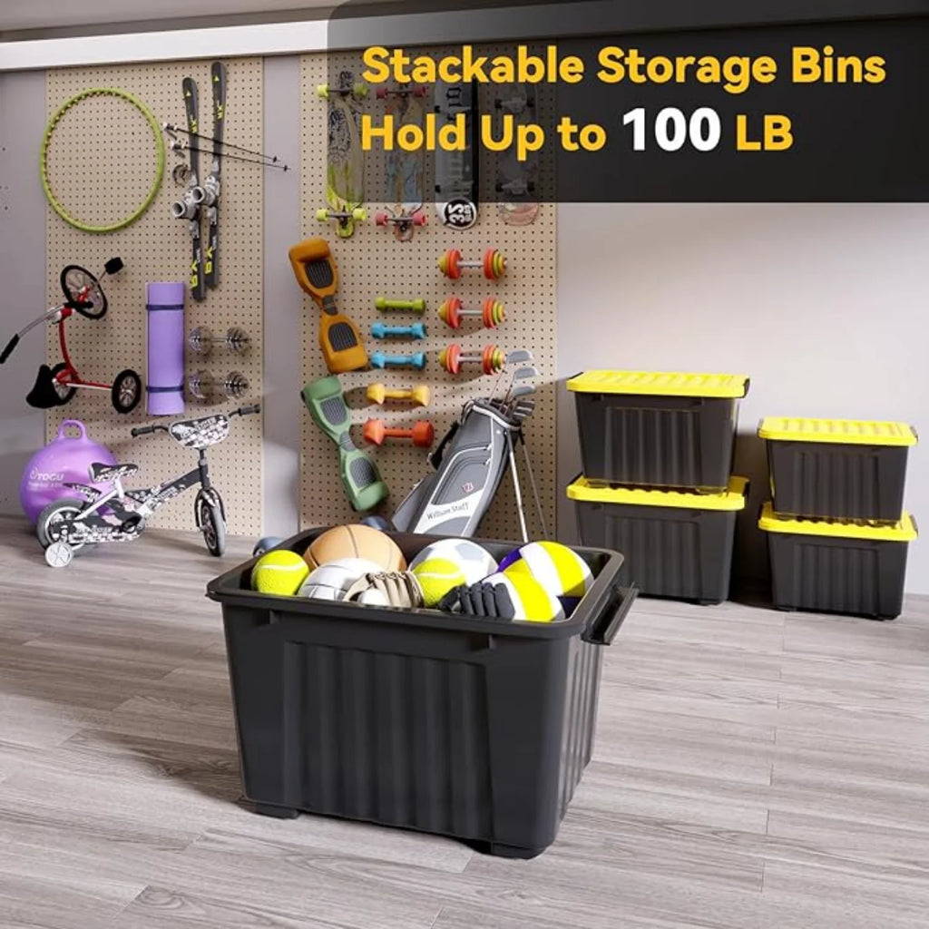 72Quart Plastic Storage Bin Stackable and Nestable Storage Boxes with White Lids and Secure Latching Buckles Large Storage Container (Black/Yellow 72Quart-6Pack) – Stackable Organization for Simple Storage and Daily Tasks
