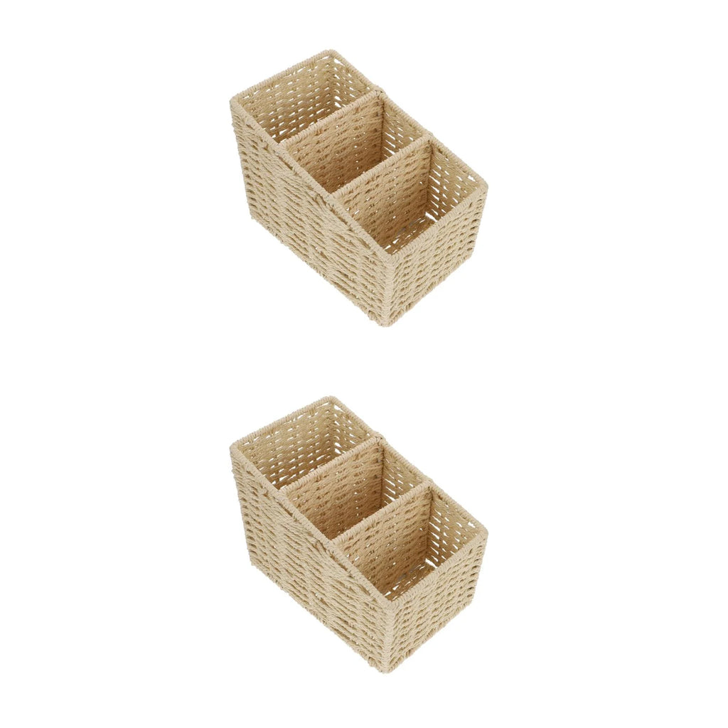 2pcs Woven 3 Compartments Woven Storage Box Bin Makeup Container Cube Organizer Divider for Home Bathroom Bedroom Closet Table Remote Beige – Everyday Household Format for Simple Storage and Daily Tasks